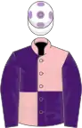 Pink and purple (quartered), purple sleeves, white cap, mauve spots