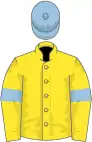 Yellow, light blue armlets, light blue cap