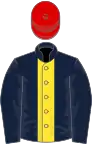 Dark blue, yellow stripe, red cap