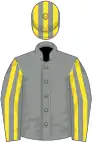 Grey, yellow striped sleeves and cap