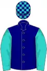 Navy blue, turquoise sleeves, check cap