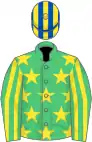 Emerald green, yellow stars, striped sleeves, royal blue and yellow striped cap