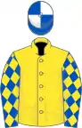 Yellow, royal blue sleeves, yellow diamonds, royal blue and white quartered cap