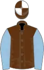 Brown, light blue sleeves, brown and white quartered cap