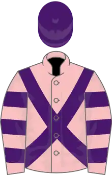 Pink, purple cross belts, hooped sleeves, purple cap