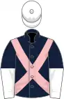 Dark blue, pink cross sashes, white halved sleeves, white cap