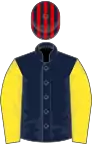 Dark blue, yellow sleeves, dark blue and red striped cap