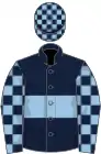 Dark blue, light blue hoop, checked sleeves and cap