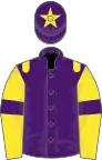 Purple, yellow epaulets, yellow sleeves, purple armlets, purple cap, yellow star