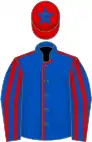 Royal blue, red seams, red and royal blue striped sleeves, red cap, royal blue star