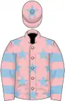 Pink, light blue stars, hooped sleeves, star on cap