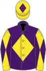 Purple, yellow diamond, yellow and purple diabolo on sleeves, yellow cap, purple diamond