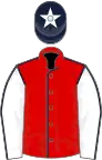 Red, dark blue seams, white sleeves, dark blue seams, dark blue cap, white star