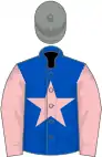 Royal blue, pink star and sleeves, grey cap