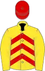 Yellow, red chevrons, yellow sleeves, red cap
