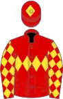 Red, yellow triple diamond, diamonds on sleeves, red cap, yellow diamond