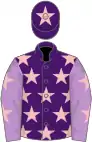 Purple, pink stars, mauve sleeves, pink stars, purple cap, pink star