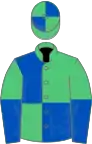 Emerald green and royal blue (quartered), halved sleeves