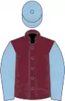 Claret, light blue sleeves and cap