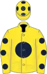 Yellow, dark blue disc, yellow sleeves, dark blue spots, yellow cap, dark blue spots