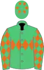Emerald green, orange triple diamond, diamonds on sleeves and diamonds on cap