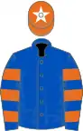 ROYAL BLUE, orange hooped sleeves, orange cap, white star
