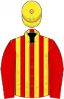 Red and yellow stripes, red sleeves, yellow cap