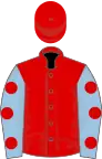 Red, light blue sleeves, red spots, red cap