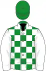 Green and white check, white sleeves, green cap