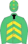 Emerald green,yellow chevrons, emerald green sleeves, emerald green cap, yellow stars