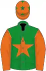 Green, orange star, orange sleeves, ornage cap, green stars