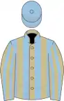 Beige and light blue stripes, light blue cap
