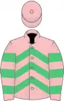 Pink, emerald green chevrons, hooped sleeves, pink cap
