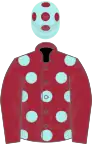 Maroon, pale blue spots, maroon sleeves, pale blue cap, maroon spots