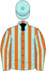 Orange and pale blue stripes, pale blue cap