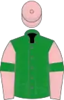 Green, pink sleeves, green armlets, pink cap