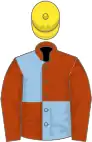 Rust and light blue (quartered), rust sleeves, yellow cap