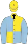 Yellow and light blue (quartered), blue sleeves, yellow cap