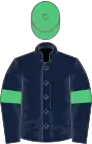 Dark blue, emerald green armlets and cap