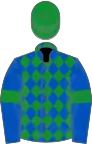 Royal blue, green diamonds, armlets and cap