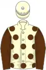 Cream, brown spots, brown sleeves, cream cap with white spots