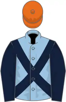 Light blue, dark blue cross belts and sleeves, orange cap