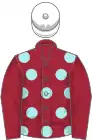 Maroon, pale blue spots, maroon sleeves, white cap