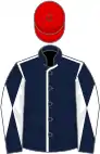 Dark blue, white seams, diabolo on sleeves, red cap