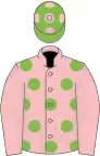 Pink, light green spots, pink sleeves, light green cap, pink spots