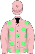 Pink, light green spots, pink sleeves and cap