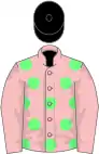 Pink, light green spots, pink sleeves, black cap