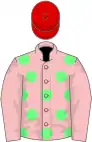 Pink, light green spots, pink sleeves, red cap