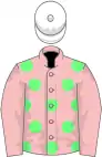 Pink, light green spots, pink sleeves, white cap