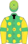Emerald Green, Yellow spots, Yellow sleeves, Emerald Green armlets, Emerald Green and Yellow hooped cap